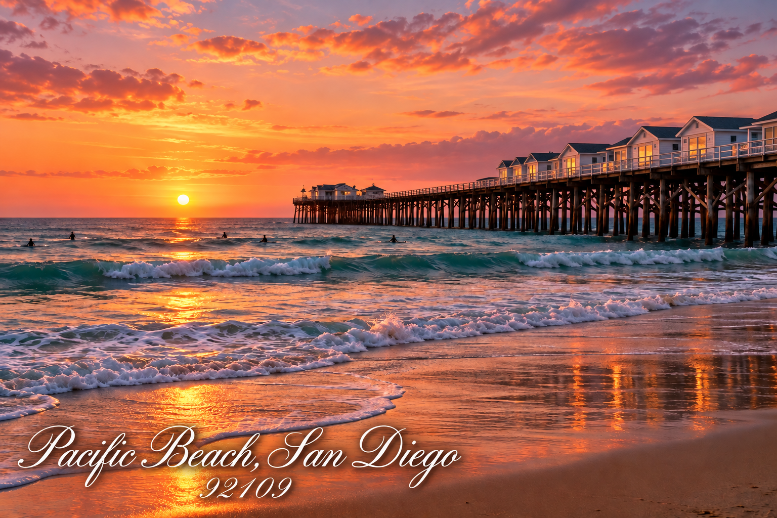Pacific Beach Crystal Pier at sunset, scenic artwork for the Royall Painting calendar