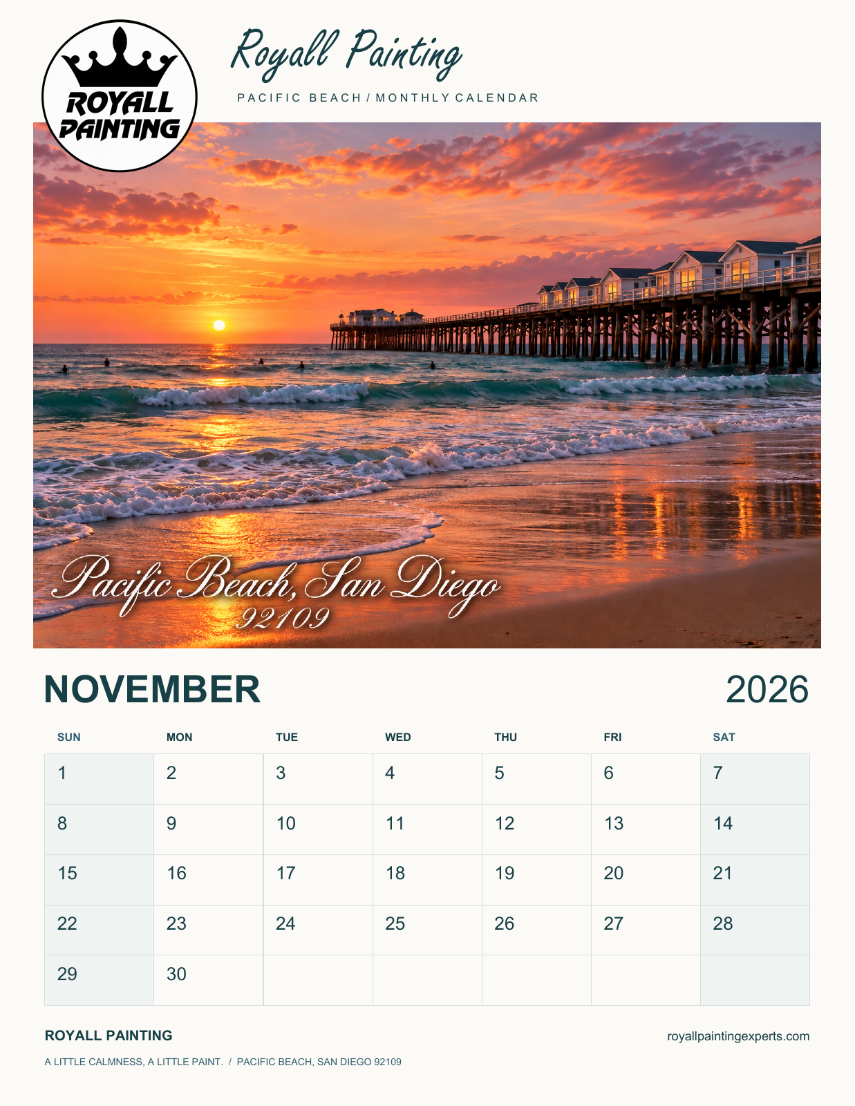 Royall Painting Pacific Beach calendar for November 2026, with the actual crown logo, white cursive Pacific Beach, San Diego 92109 lettering and a Sunday-start monthly grid